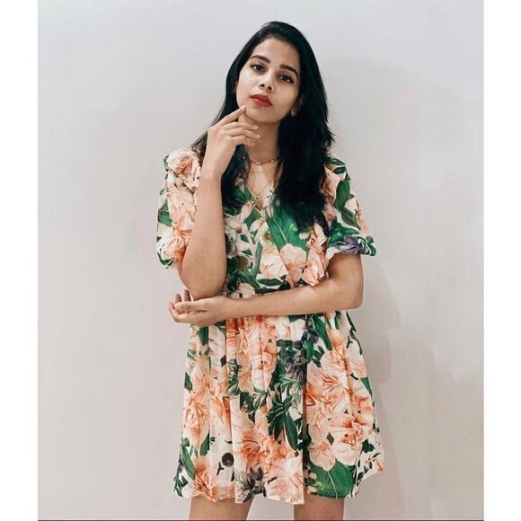 Chiffon Flower Print Dress Ruffles Wrap H&M - Picture 1 of 4